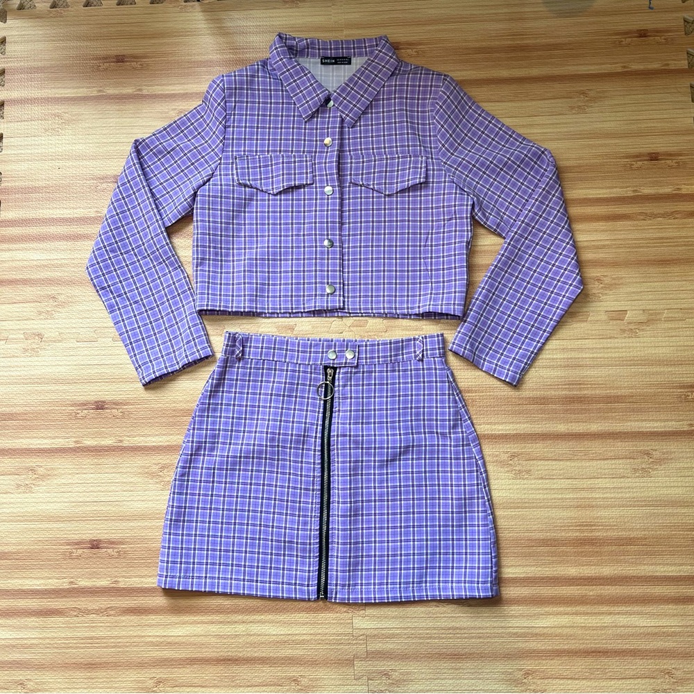 Plaid Purple Two Piece Set Skirt Blazer